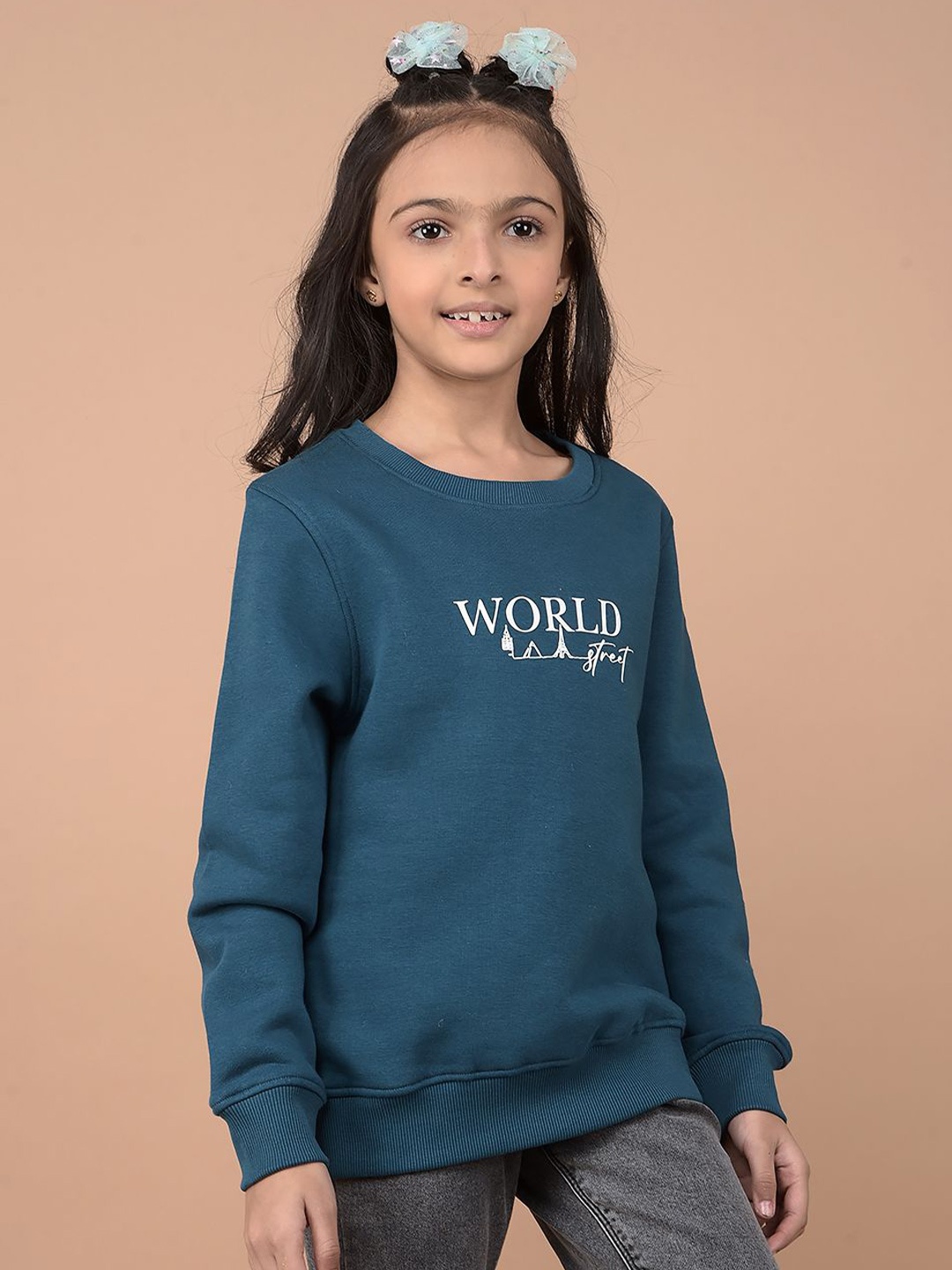 

Crimsoune Club Girls Printed Round Neck Pullover Sweatshirt, Navy blue