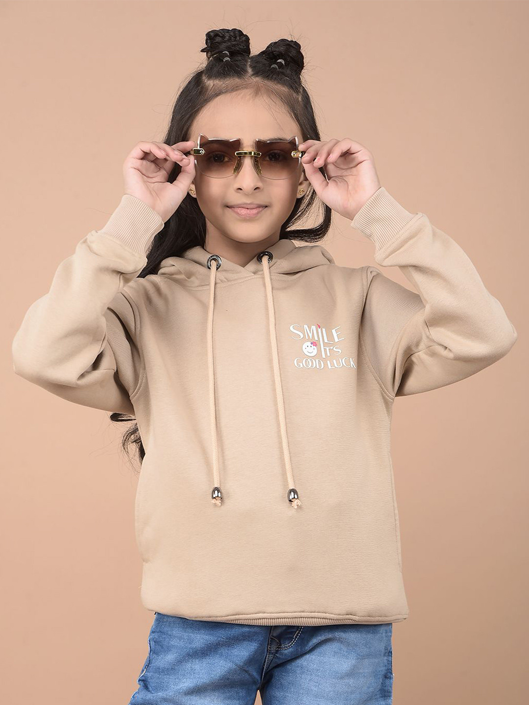 

Crimsoune Club Girls Printed Hooded Sweatshirt, Beige