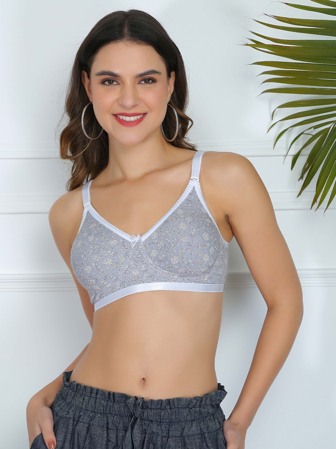 

DressBerry Women Floral Printed Full Coverage Cotton T-shirt Bra, Grey