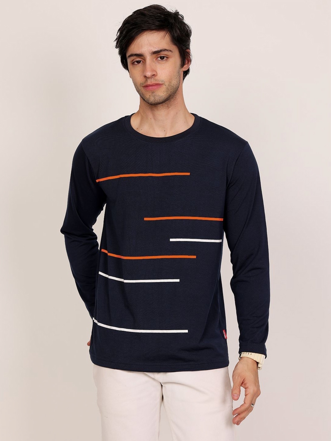 

Leotude Men Abstract Printed Round Neck Cotton T-shirt, Navy blue