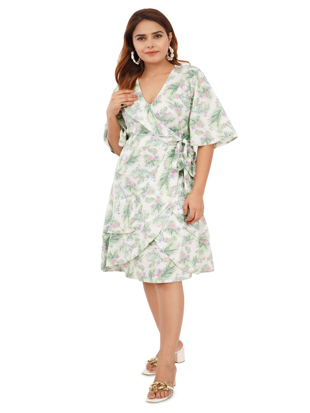

Edla WomenTropical Print Bell Sleeve Wrap Dress, Off white