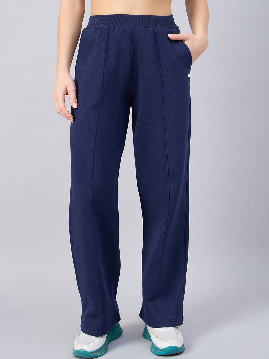 

FEMEA Women Straight Fit Mid-Rise Track Pants, Navy blue