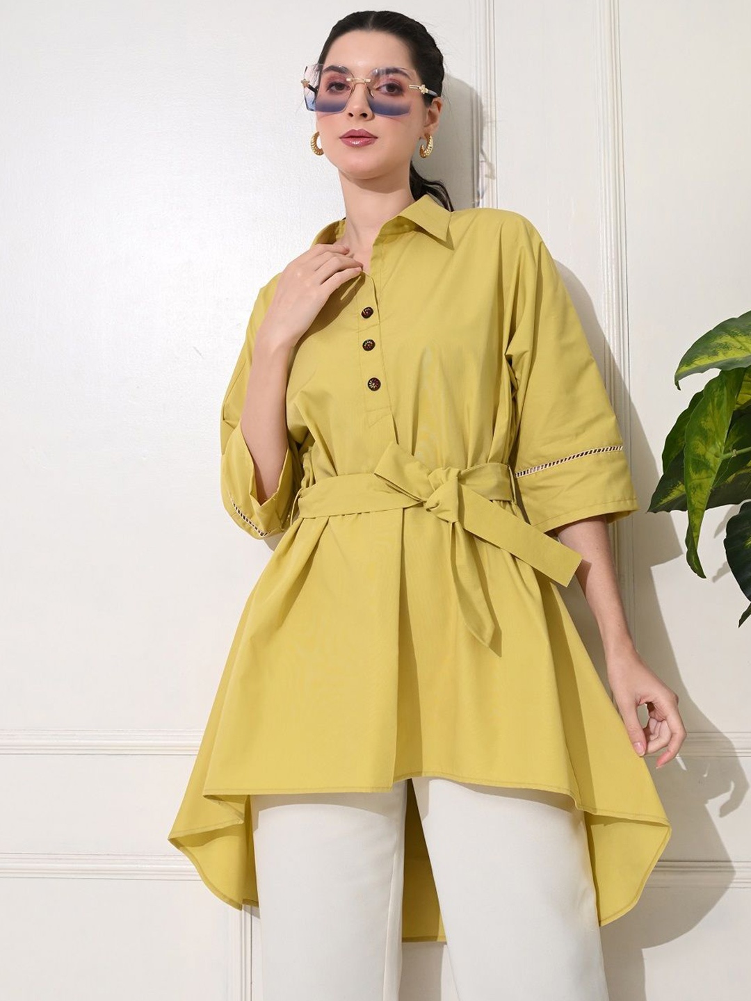 

YELLOW PARROT Women Solid Three-Quarter Sleeves Cotton Top