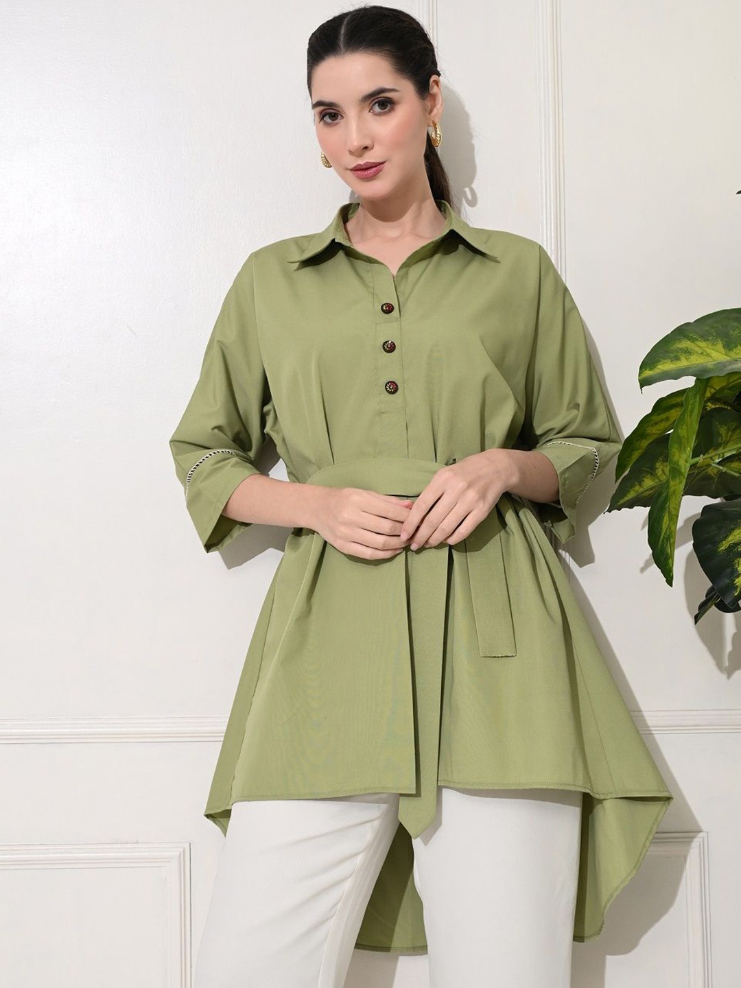 

YELLOW PARROT Women Solid Three-Quarter Sleeves Cotton Top, Olive