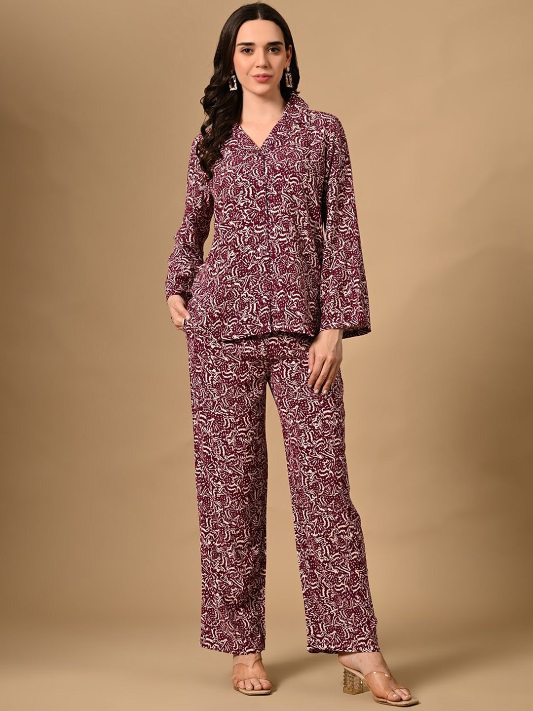 

PANDORNA Printed Shirt Collar Long Sleeves Shirt With Trouser, Maroon