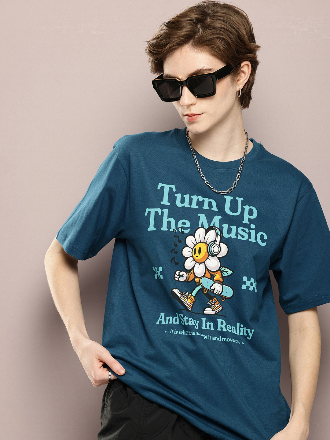 

DILLINGER Graphic Printed Drop-Shoulder Sleeves Oversized Pure Cotton T-shirt, Teal