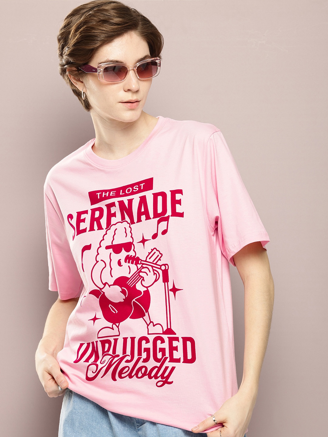 

DILLINGER Graphic Printed Drop-Shoulder Sleeves Pure Cotton T-shirt, Pink