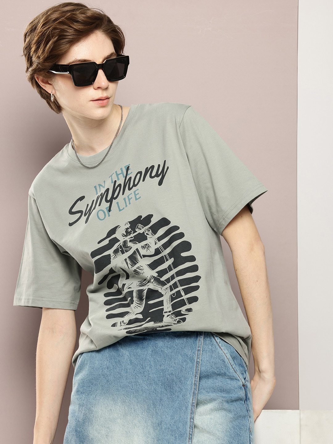 

DILLINGER Pure Cotton Graphic Printed Drop-Shoulder Sleeves Relaxed Fit T-shirt, Grey