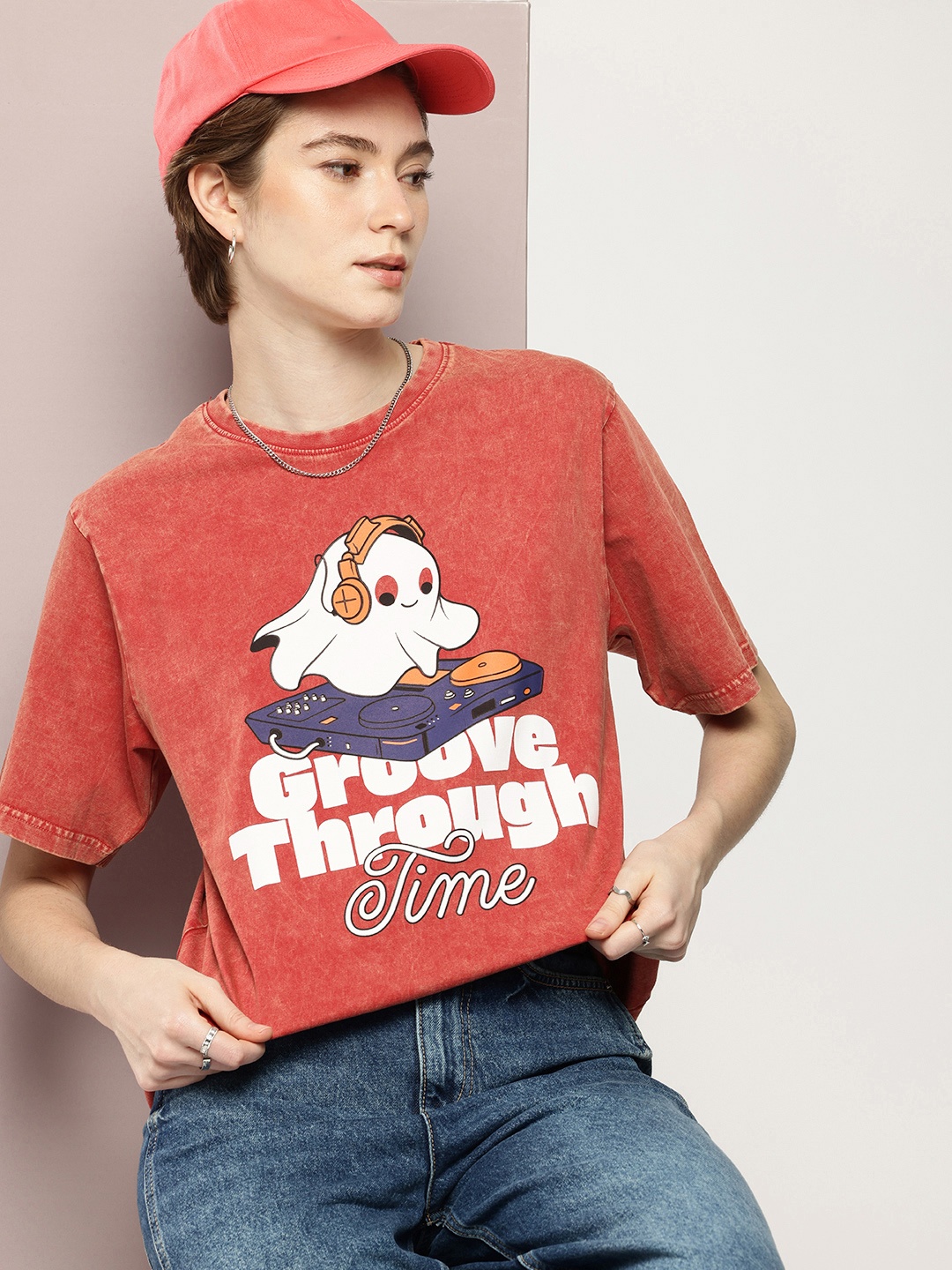 

DILLINGER Graphic Printed Washed Effect Oversized Pure Cotton T-shirt, Rust