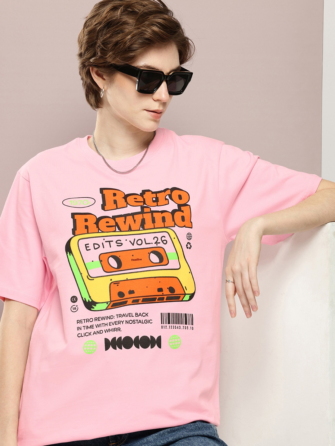 

DILLINGER Graphic Printed Drop-Shoulder Sleeves Oversized Pure Cotton T-shirt, Pink