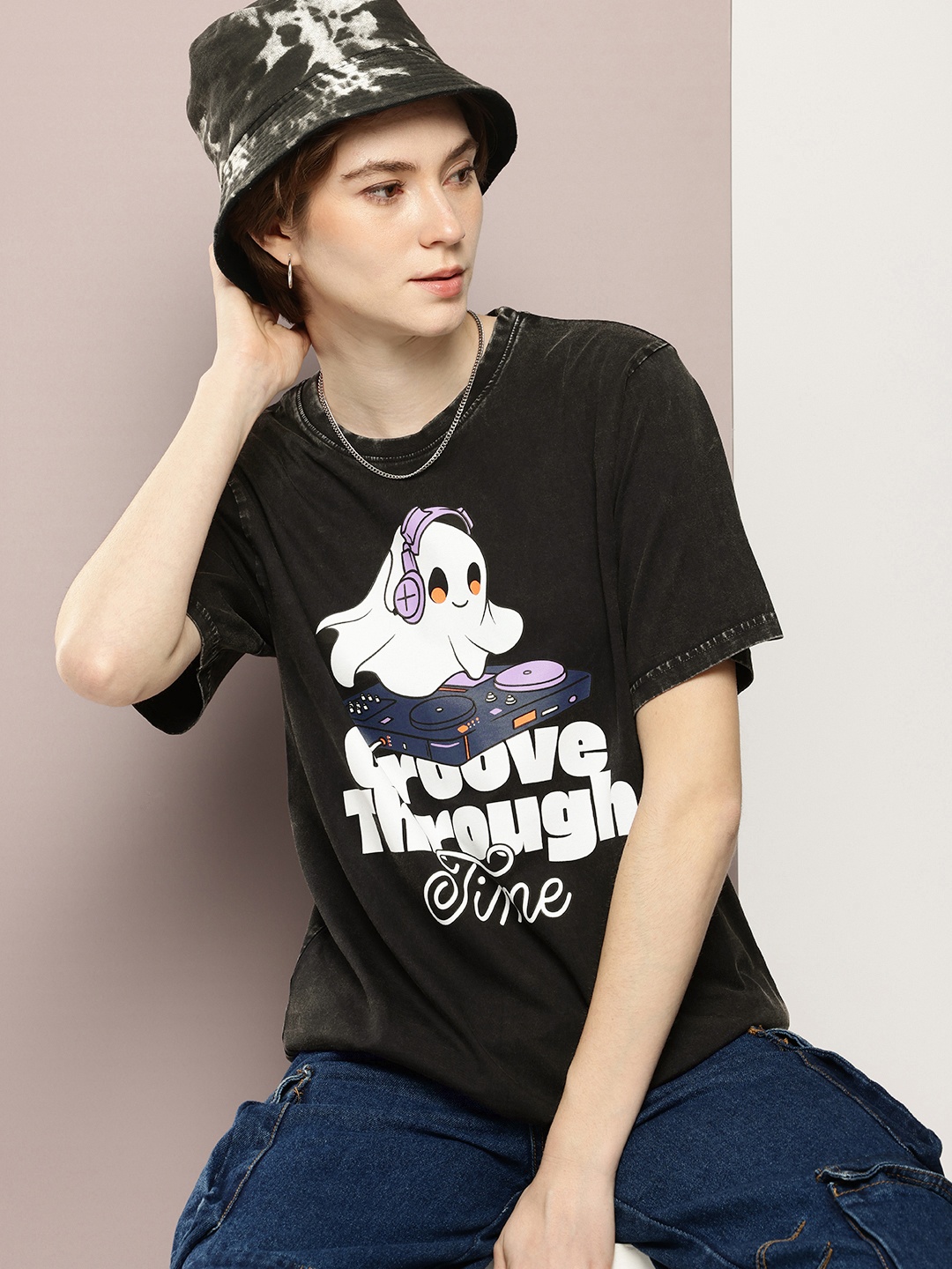 

DILLINGER Graphic Printed Washed Effect Oversized Pure Cotton T-shirt, Black