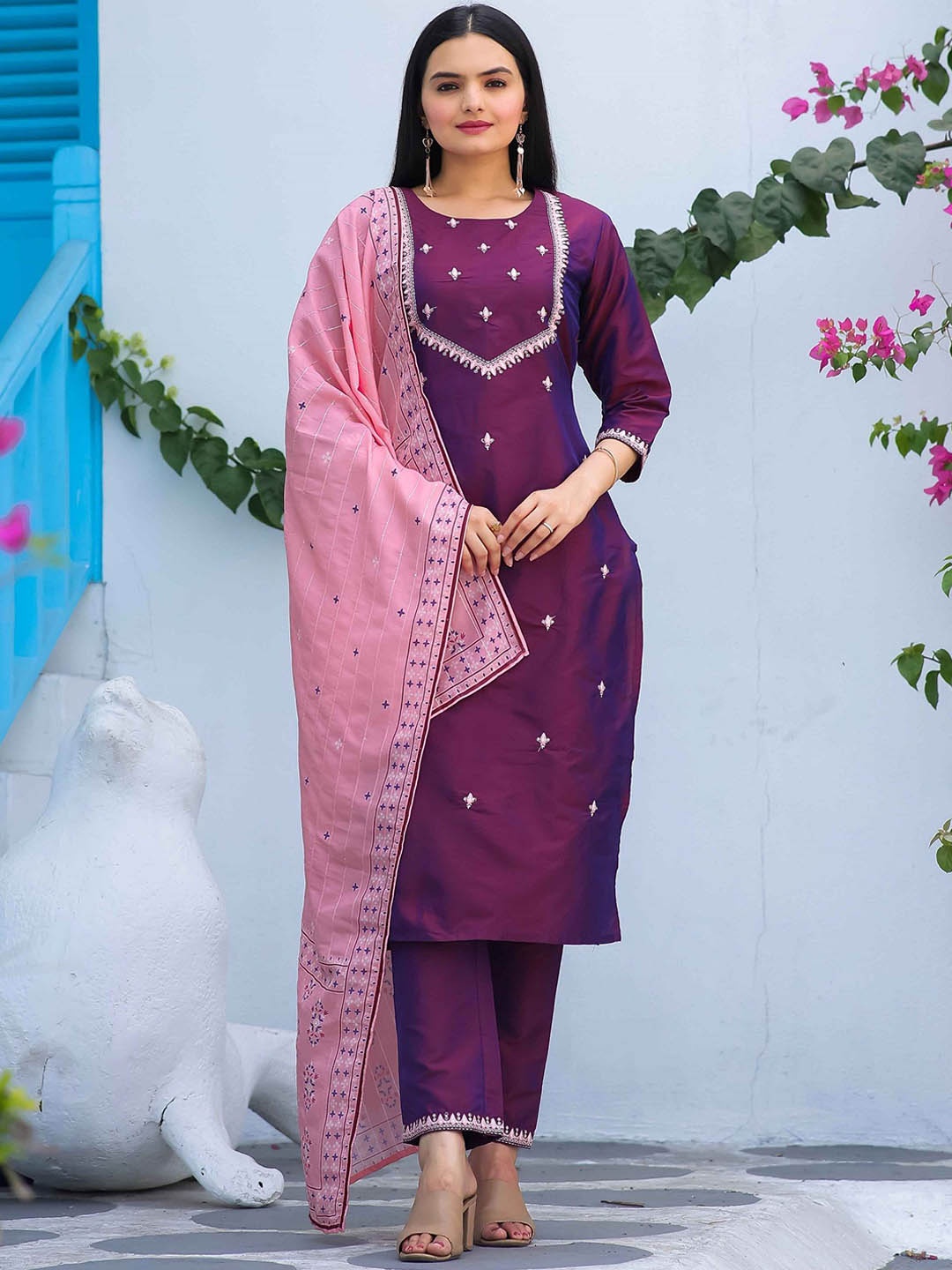 

Fashion Ritmo Floral Printed Gotta Patti Pure Cotton Straight Kurta with Trouser & Dupatta, Burgundy