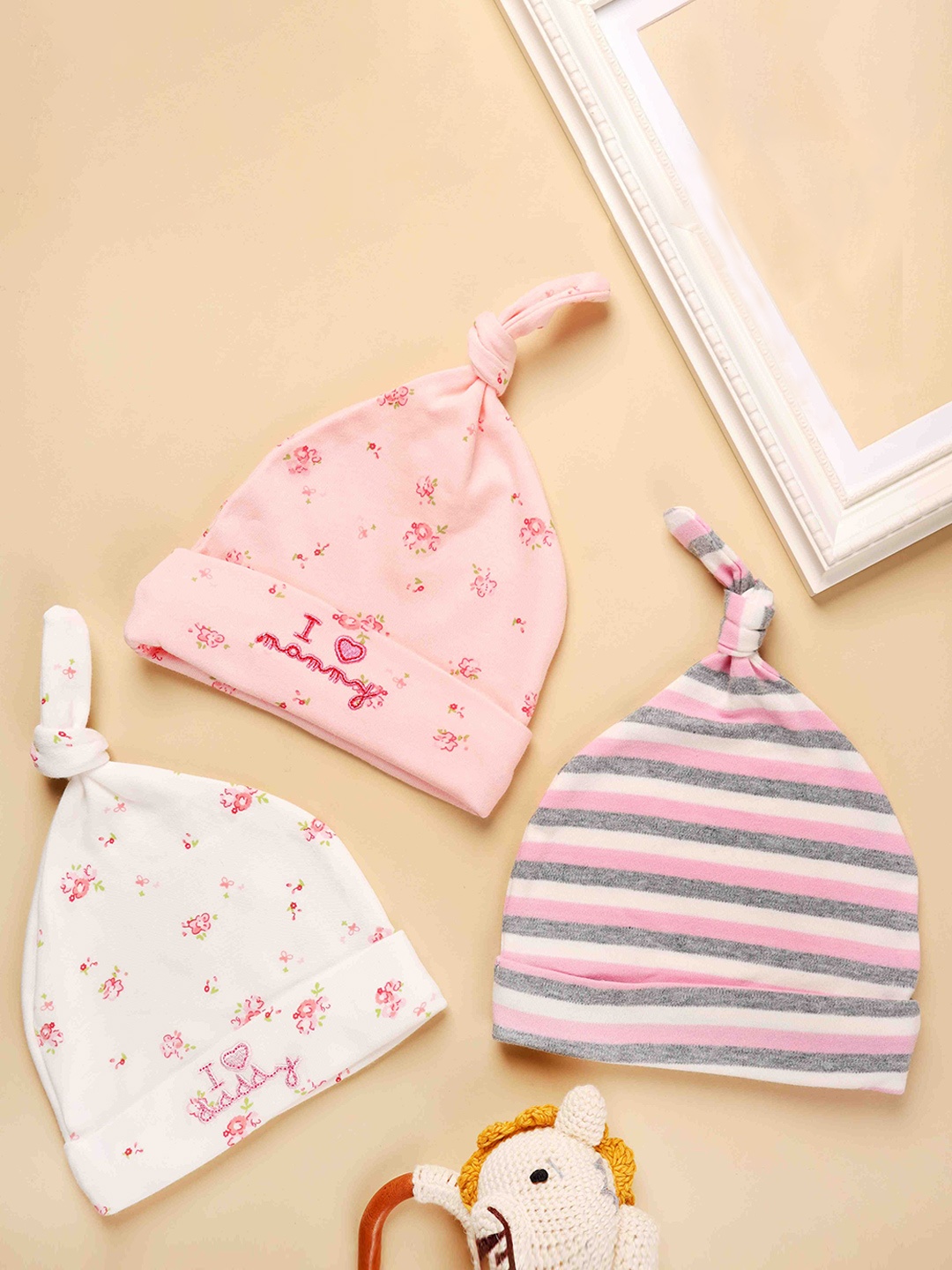 

KICKS & CRAWL Kids Pack of 3 Cotton Caps, Pink