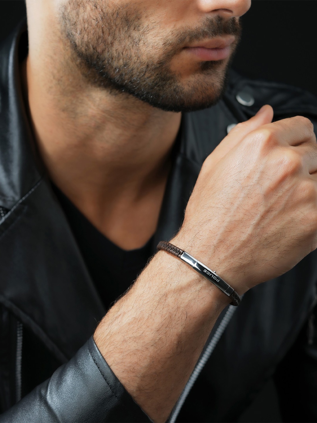 

Police Indy II Polisded SS Men Wraparound Bracelet, Brown