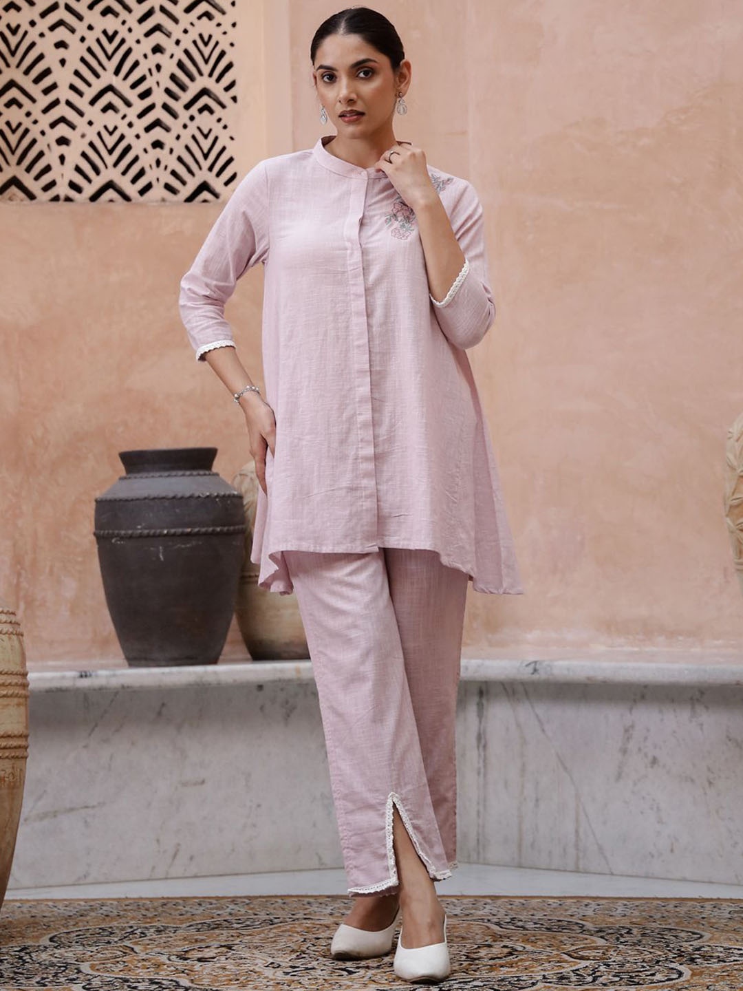 

Sangria Mandarin Collar Cotton Tunic With Trousers, Pink