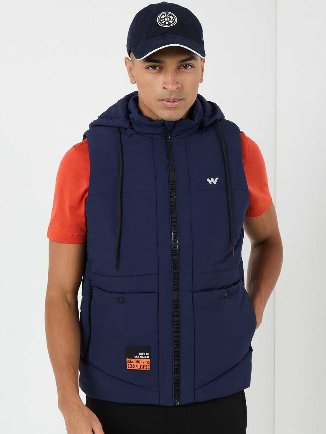 

Wildcraft Men Hooded Solid Casual Gilet Lightweight Jacket, Navy blue