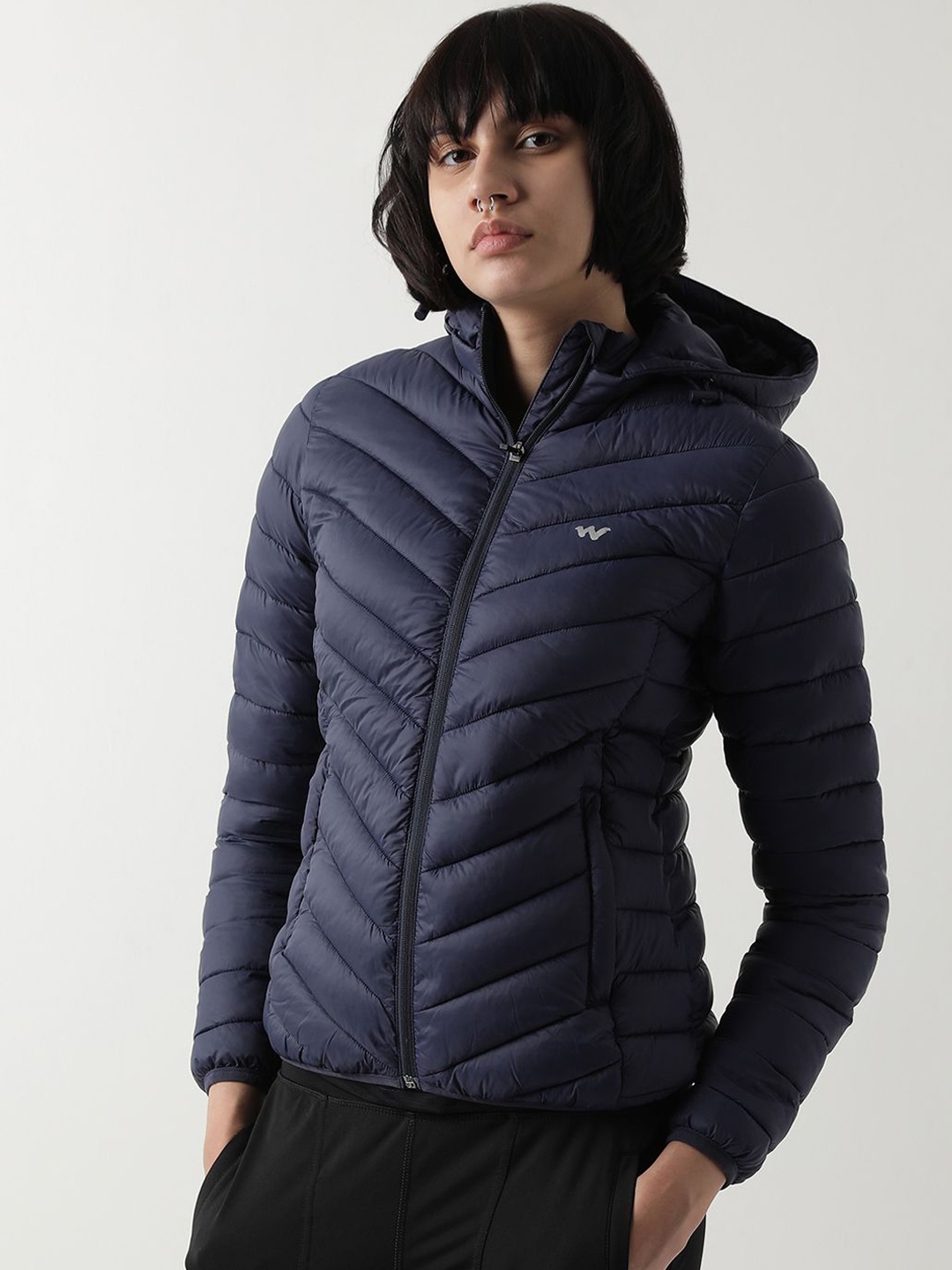 

Wildcraft Women Hooded Solid Casual Puffer Lightweight Jacket, Navy blue