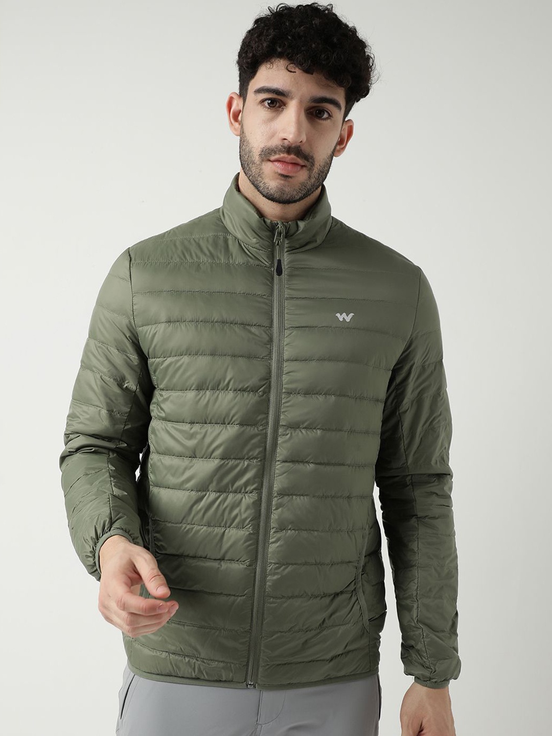 

Wildcraft Men Mock Collar Solid Casual Puffer Lightweight Jacket, Olive