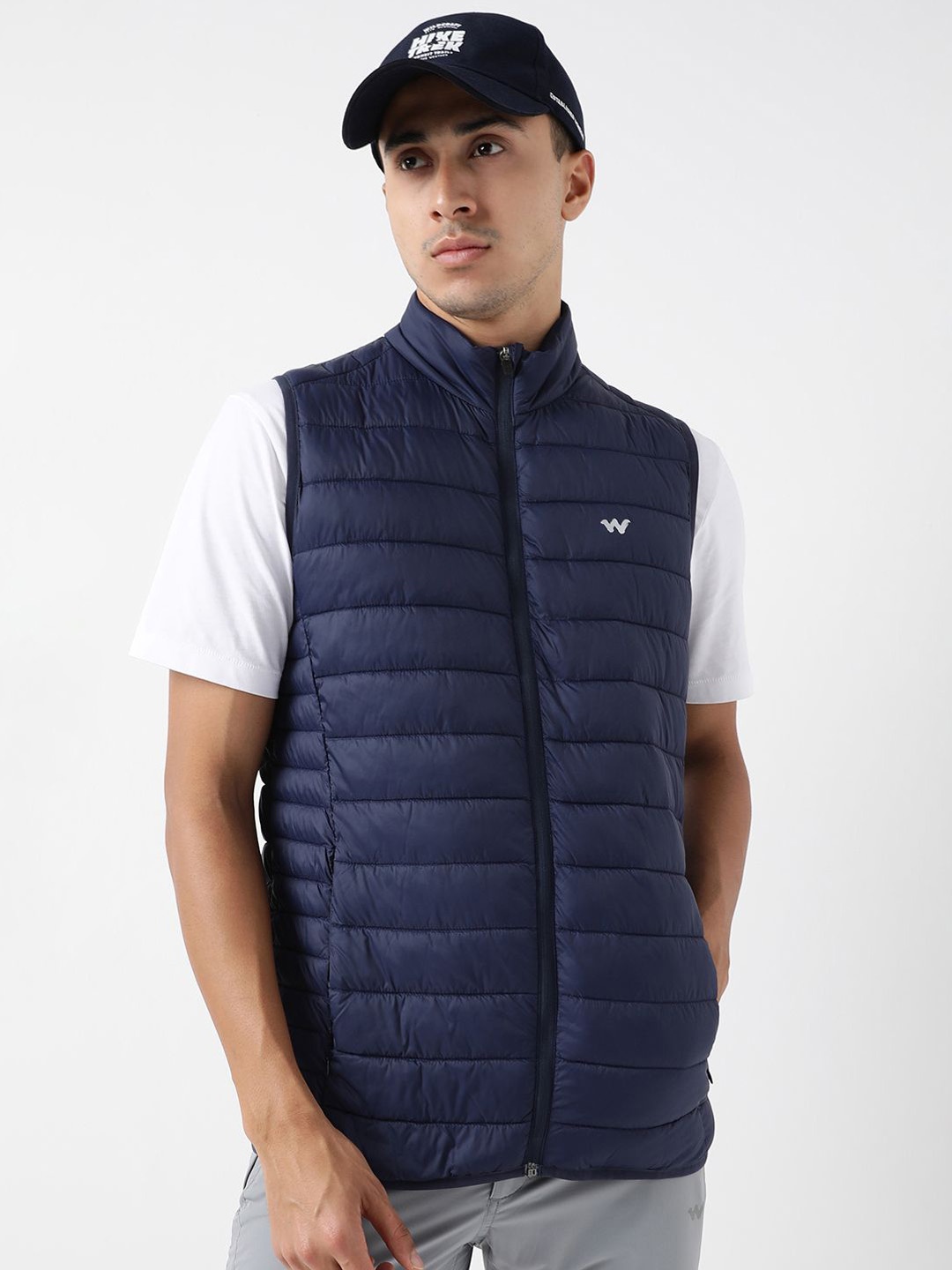 

Wildcraft Men Mock Collar Solid Casual Gilet Lightweight Jacket, Navy blue