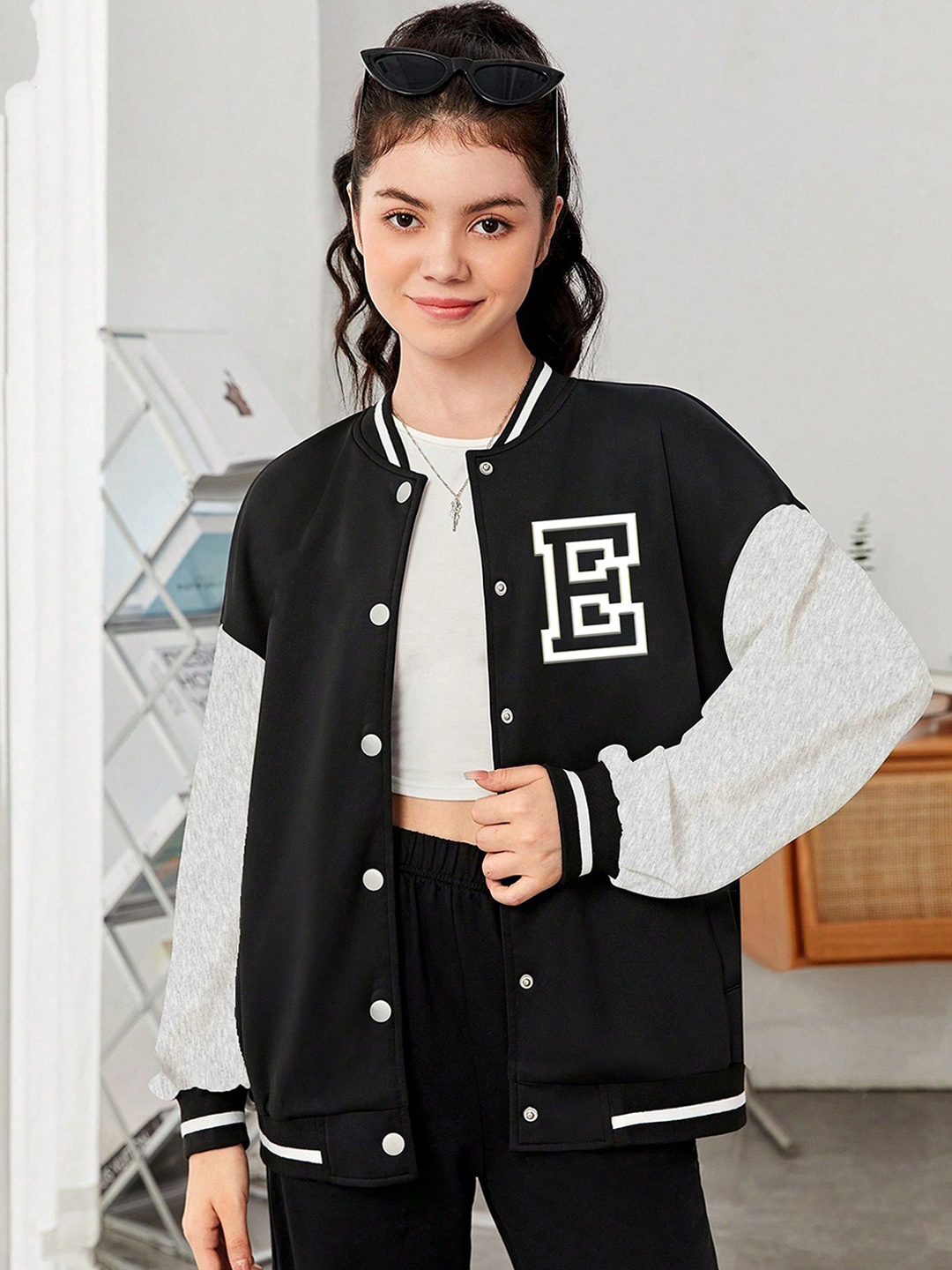 

MODARUE Girls Stand Collar Typography Printed Fleece Casual Varsity Jacket, Black