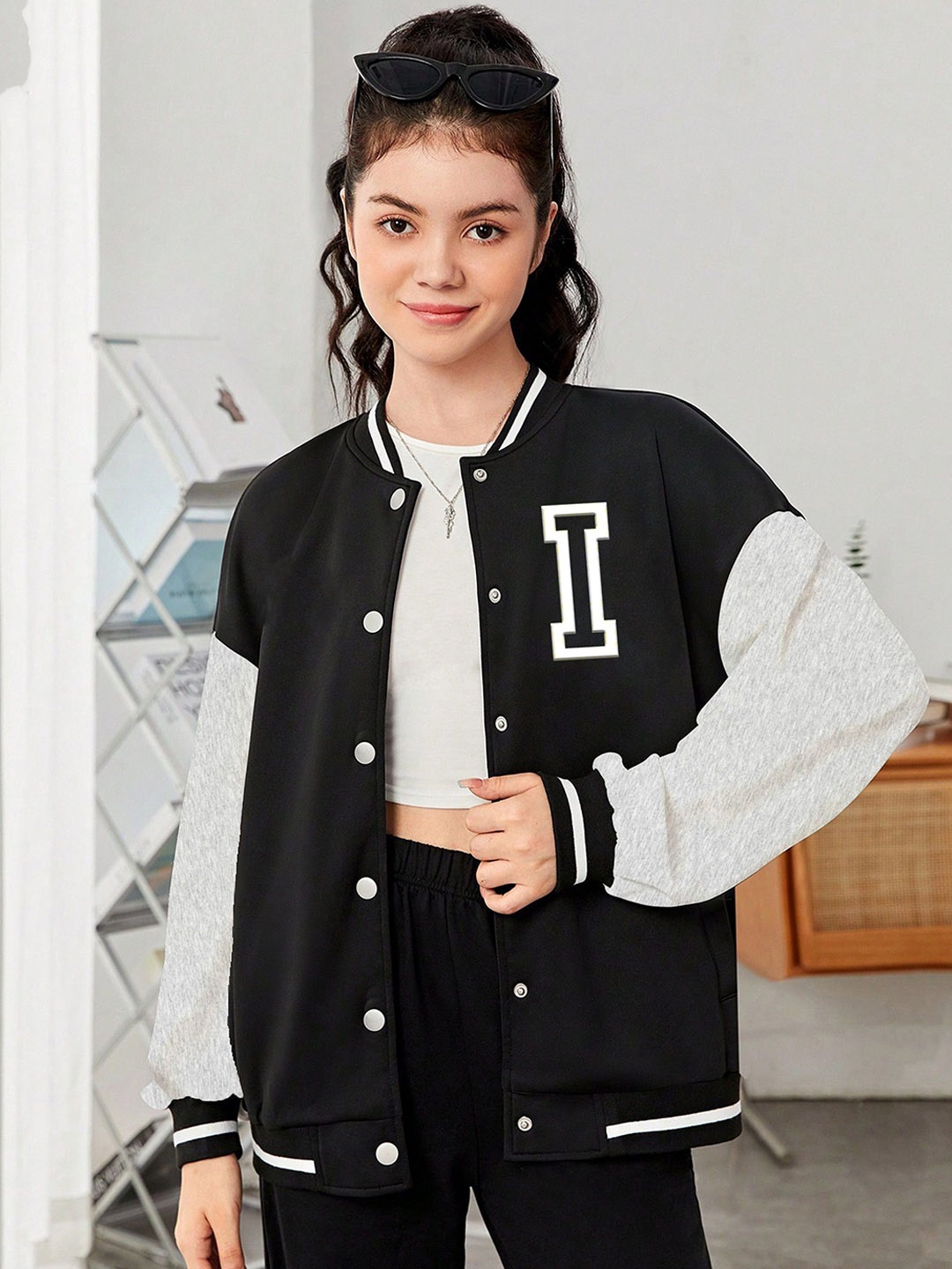 

MODARUE Girls Stand Collar Typography Printed Fleece Casual Varsity Jacket, Black