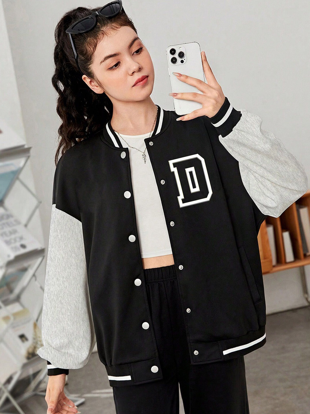 

MODARUE Girls Stand Collar Typography Printed Fleece Casual Varsity Jacket, Black