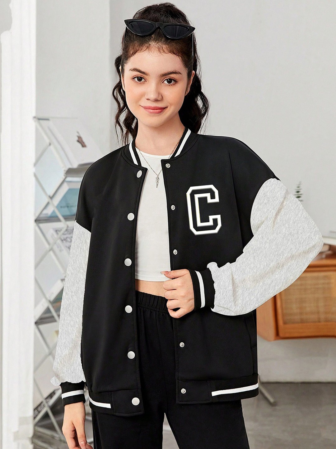 

MODARUE Girls Stand Collar Typography Printed Fleece Casual Varsity Jacket, Black