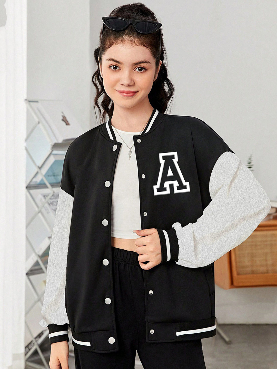 

MODARUE Girls Stand Collar Typography Printed Fleece Casual Varsity Jacket, Black