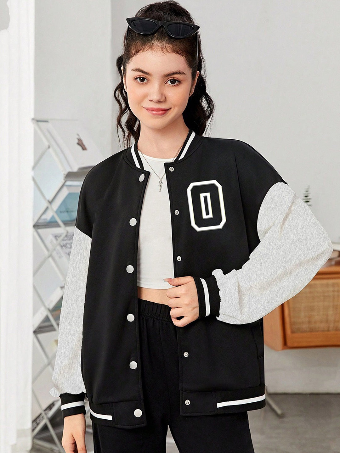 

MODARUE Girls Stand Collar Typography Printed Fleece Casual Varsity Jacket, Black