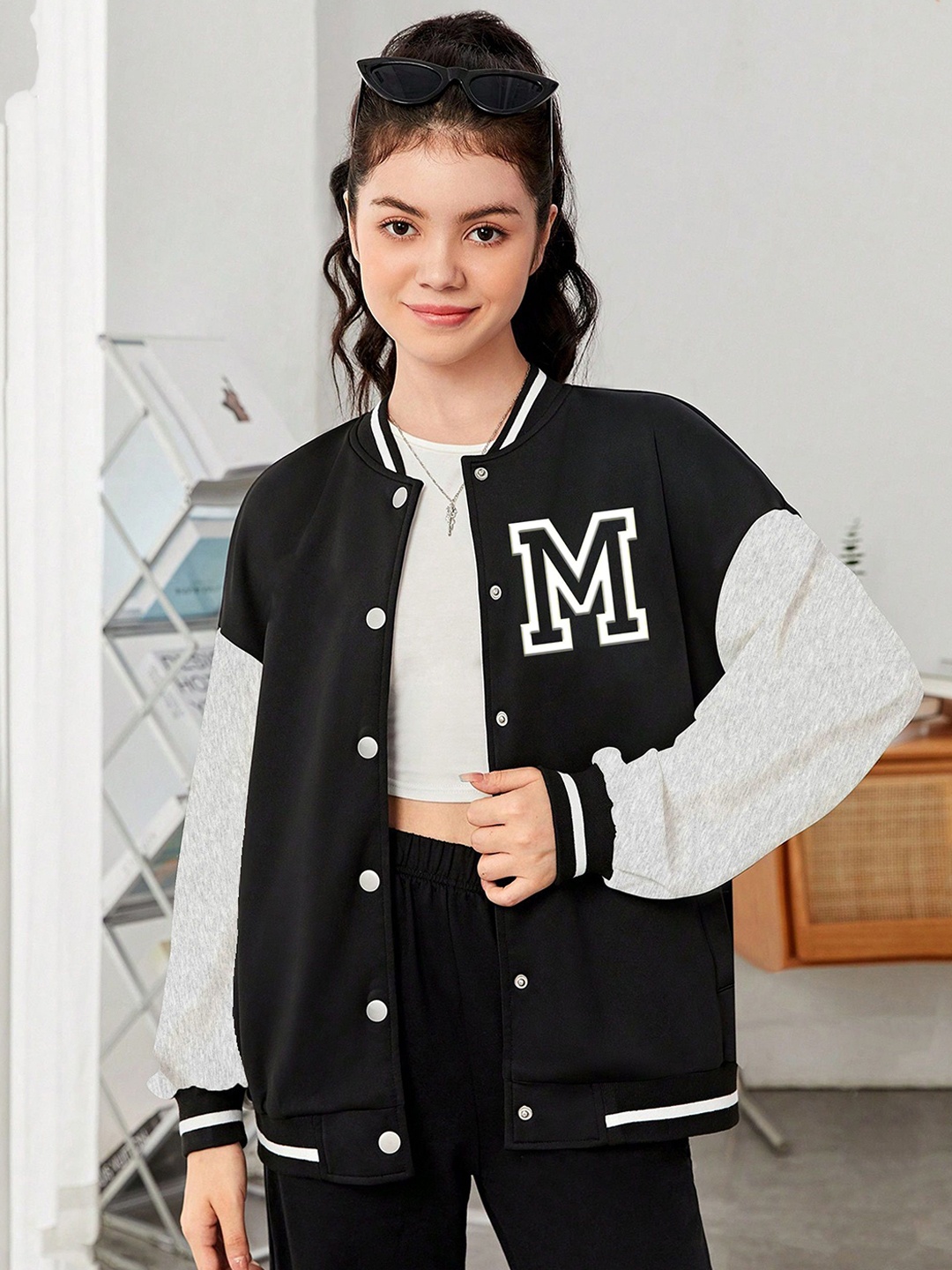 

MODARUE Girls Stand Collar Typography Printed Fleece Casual Varsity Jacket, Black