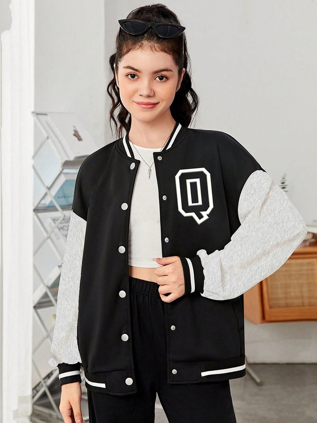 

MODARUE Girls Stand Collar Typography Printed Fleece Casual Varsity Jacket, Black