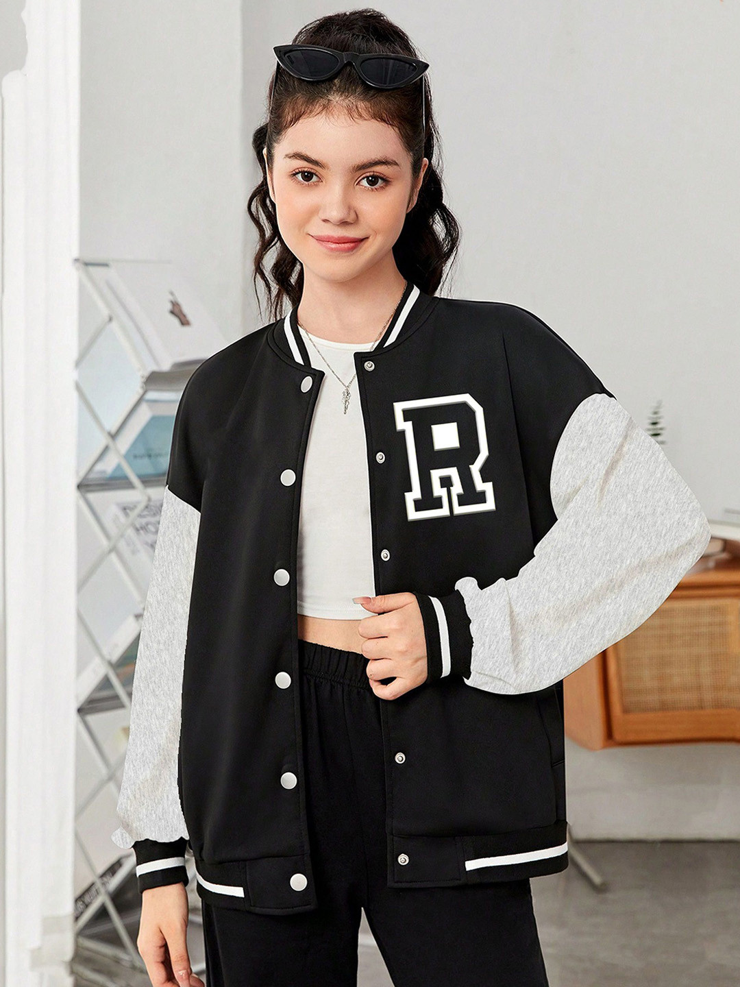 

MODARUE Girls Stand Collar Typography Printed Fleece Casual Varsity Jacket, Black