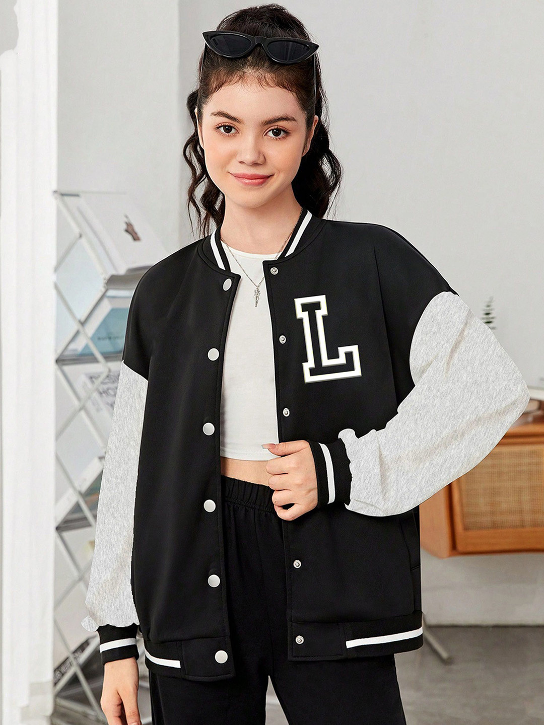 

MODARUE Girls Stand Collar Typography Printed Fleece Casual Varsity Jacket, Black