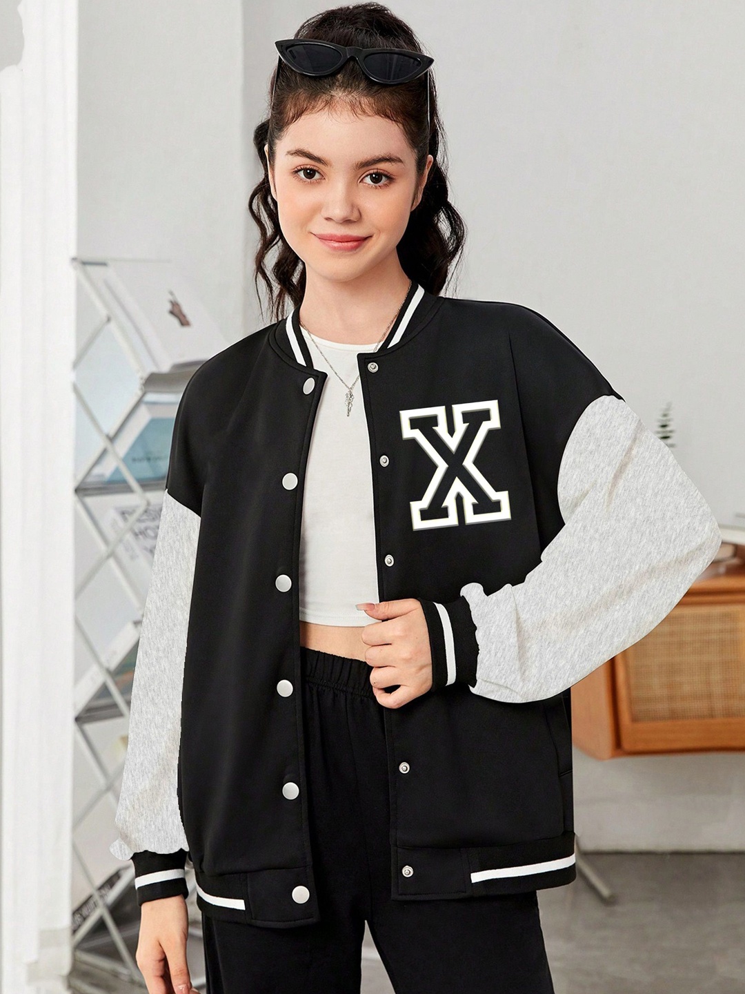 

MODARUE Girls Stand Collar Typography Printed Fleece Casual Varsity Jacket, Black