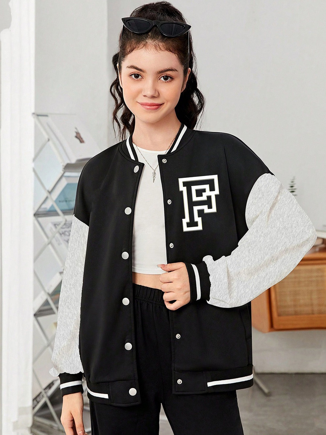 

MODARUE Girls Stand Collar Typography Printed Fleece Casual Varsity Jacket, Black