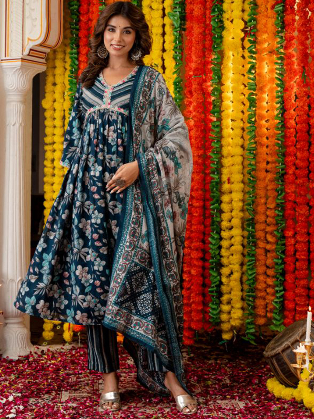 

KALINI Floral Printed Pleated Thread Work Chanderi Silk Kurta With Trousers & Dupatta, Blue