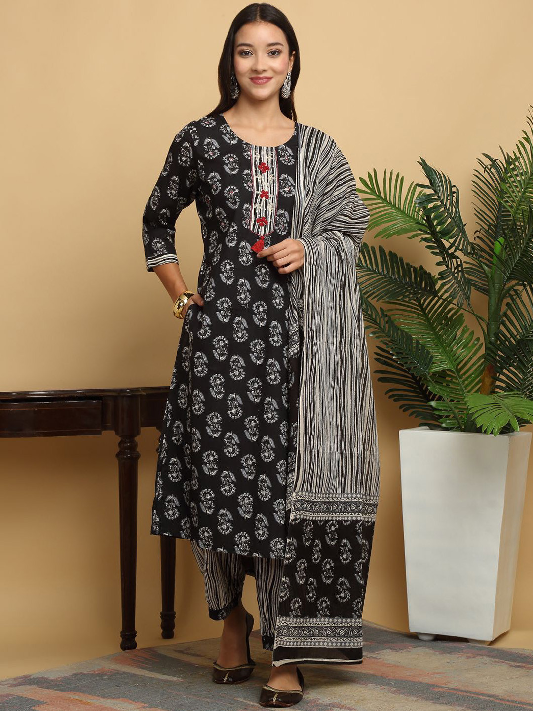 

KALINI Floral Printed Thread Work Pure Cotton Straight Kurta With Trousers And Dupatta, Black
