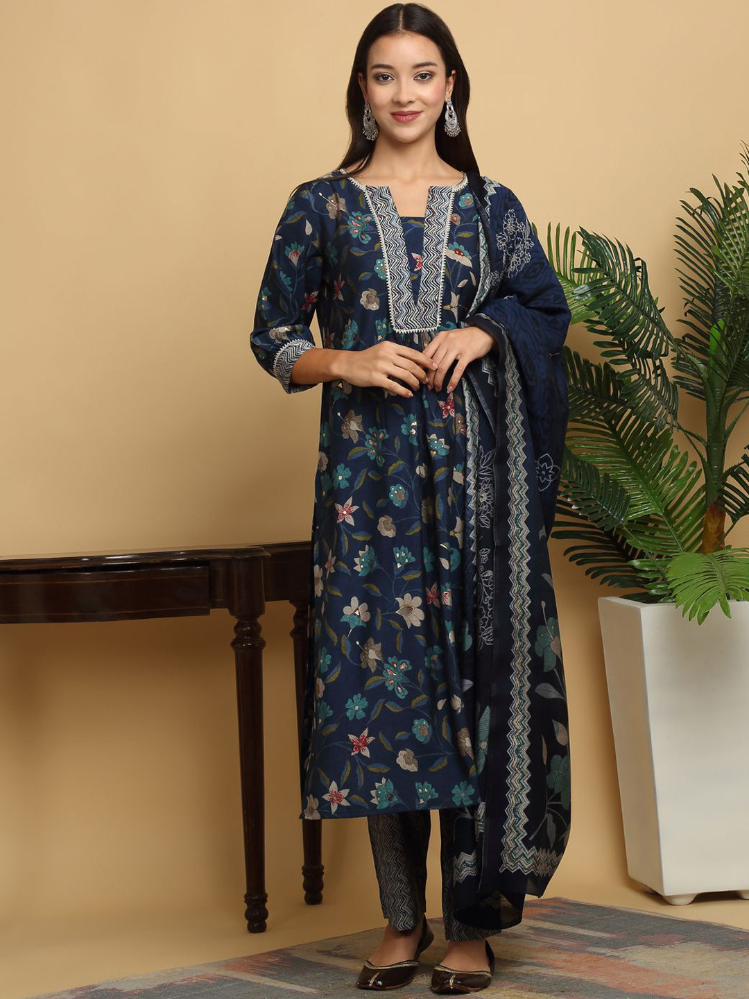 

KALINI Floral Printed Notch Neck Gotta Patti Chanderi Silk Kurta with Trouser & Dupatta, Blue