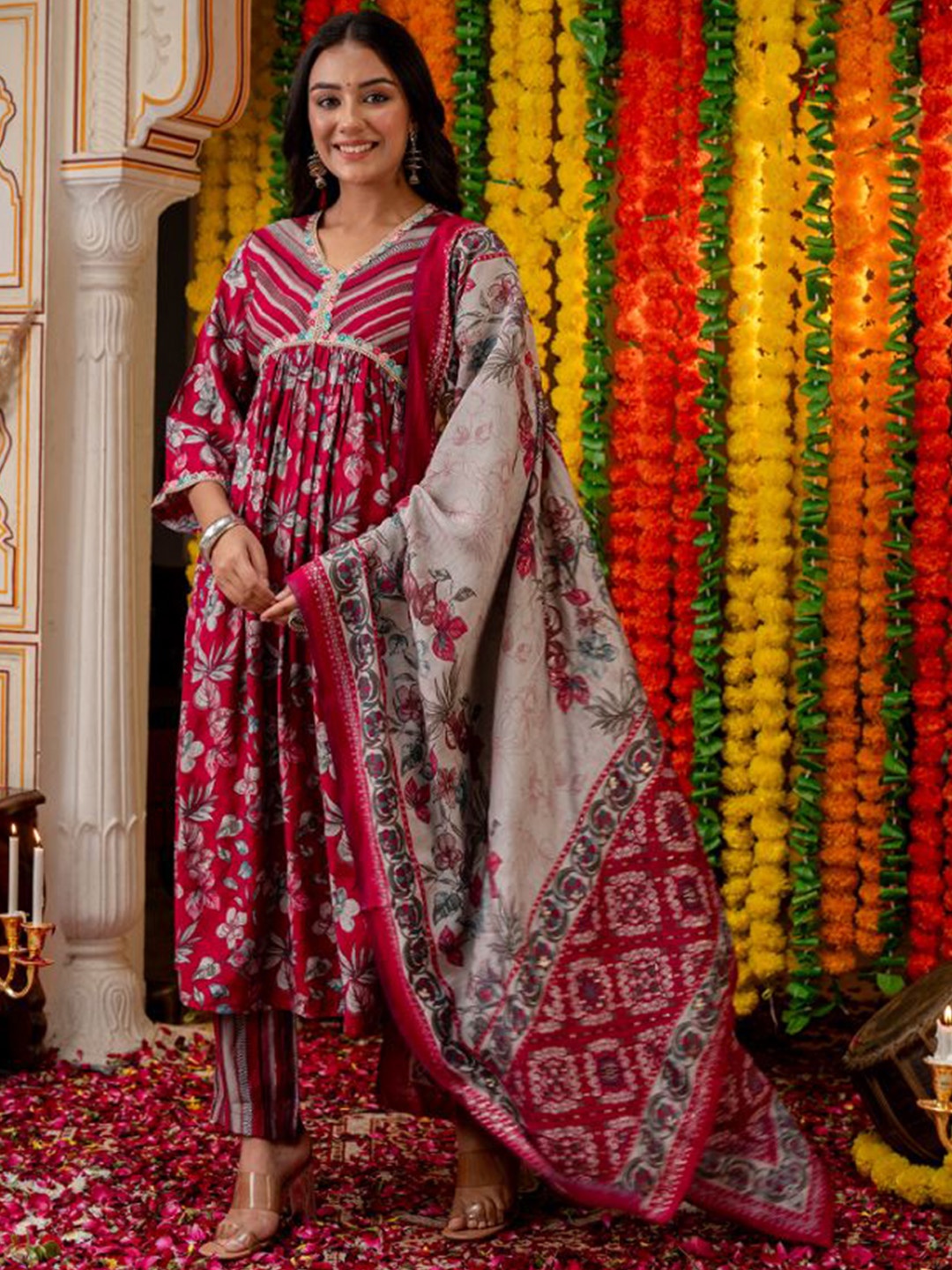 

KALINI Floral Printed Empire Zari Work Chanderi Silk Kurta With Trousers & Dupatta, Maroon