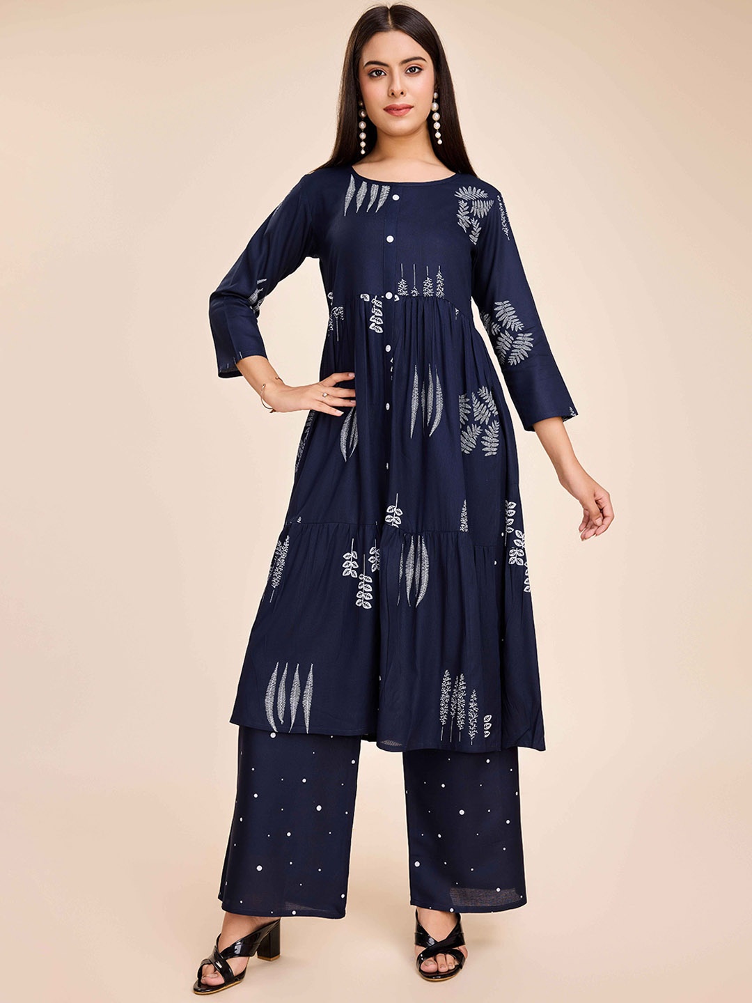 

Fashion Ritmo Floral Printed Cotton A-Line Kurta with Palazzo & Dupatta, Blue