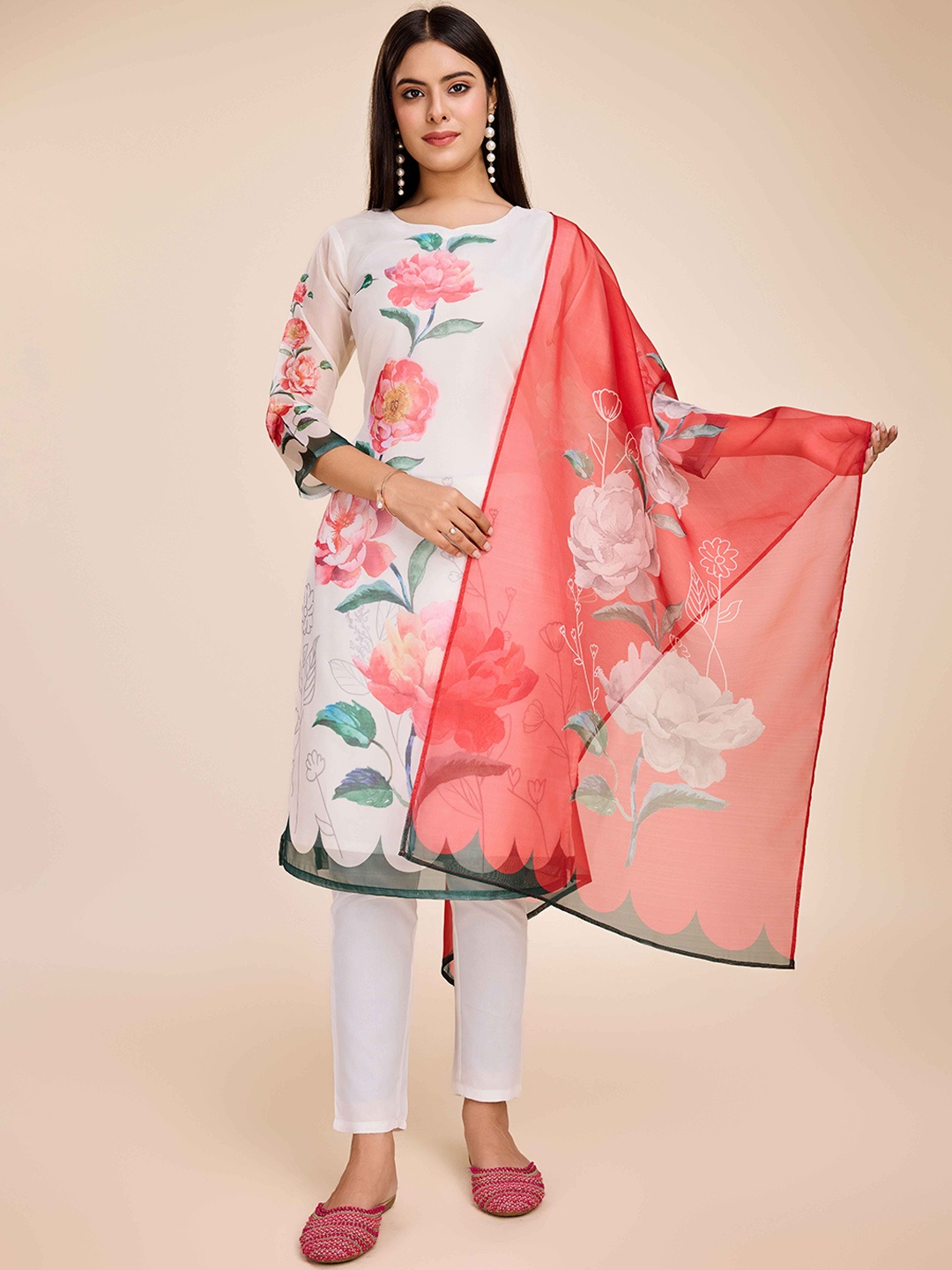 

Fashion Ritmo Floral Printed Organza Straight Kurta with Trouser & Dupatta, White