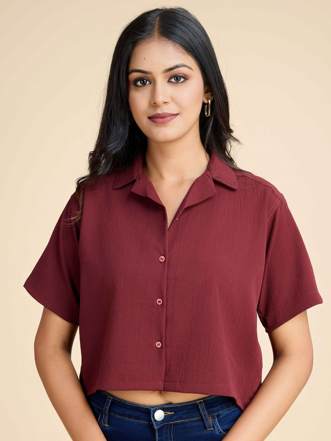 

Fashion Ritmo Ethnic Crepe Shirt Style Crop Top, Maroon