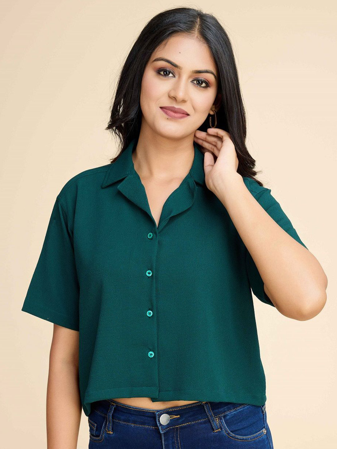 

Fashion Ritmo Lapel Collar Shirt Style Crop Top, Green