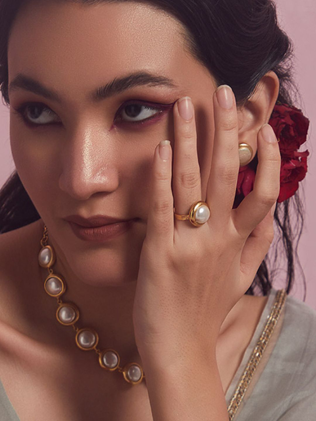 

Ethnic Andaz Gold-Plated Pearl-Studded Adjustable Finger Ring