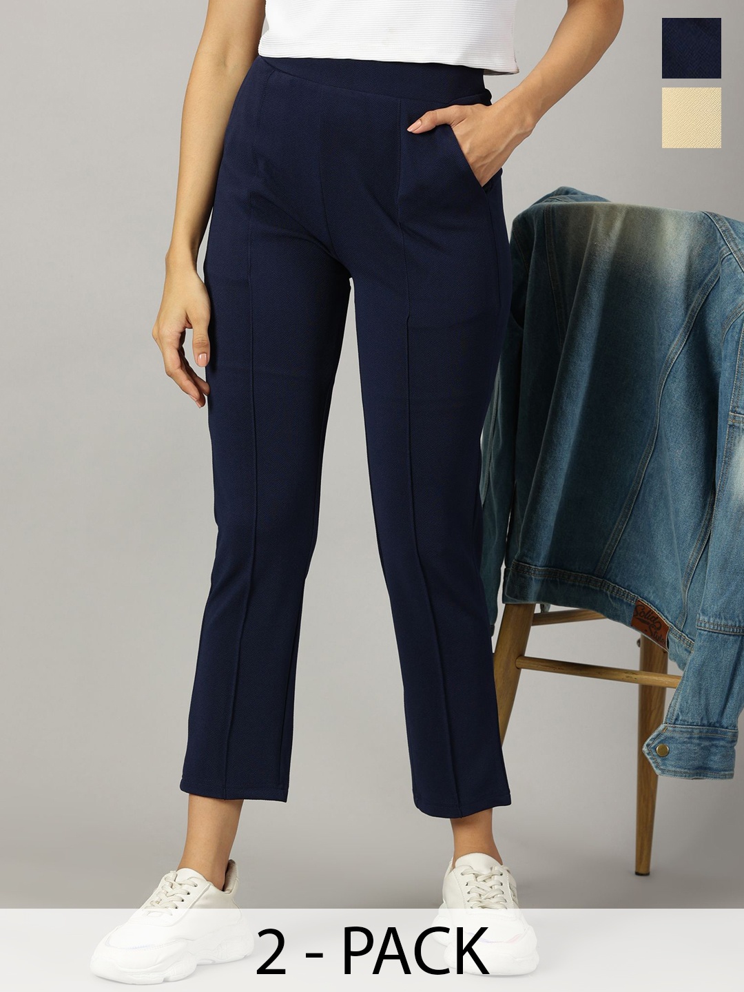 

AUSK Women Set 2 Relaxed Skinny Fit High-Rise Chinos Trouser, Blue