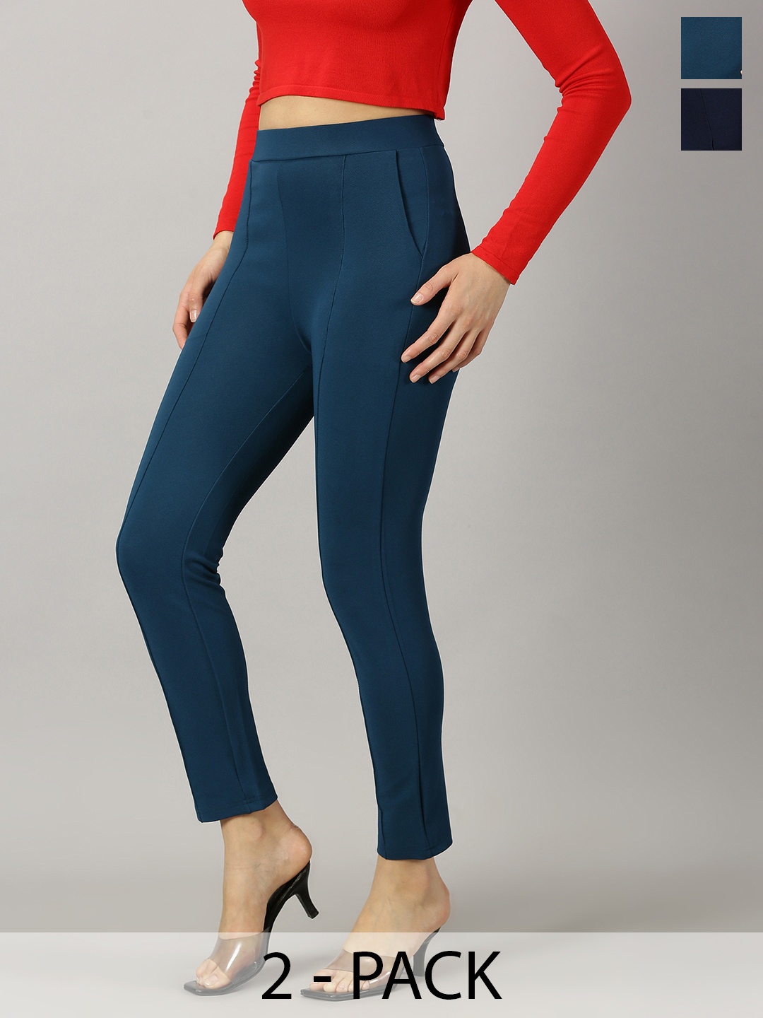 

AUSK Women Pack Of 2 Relaxed Skinny Fit High-Rise Cropped Chinos Trousers, Teal