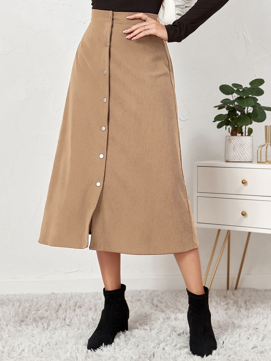 

StyleCast x Revolte Women Button Up A-Line Midi Skirt, Camel brown