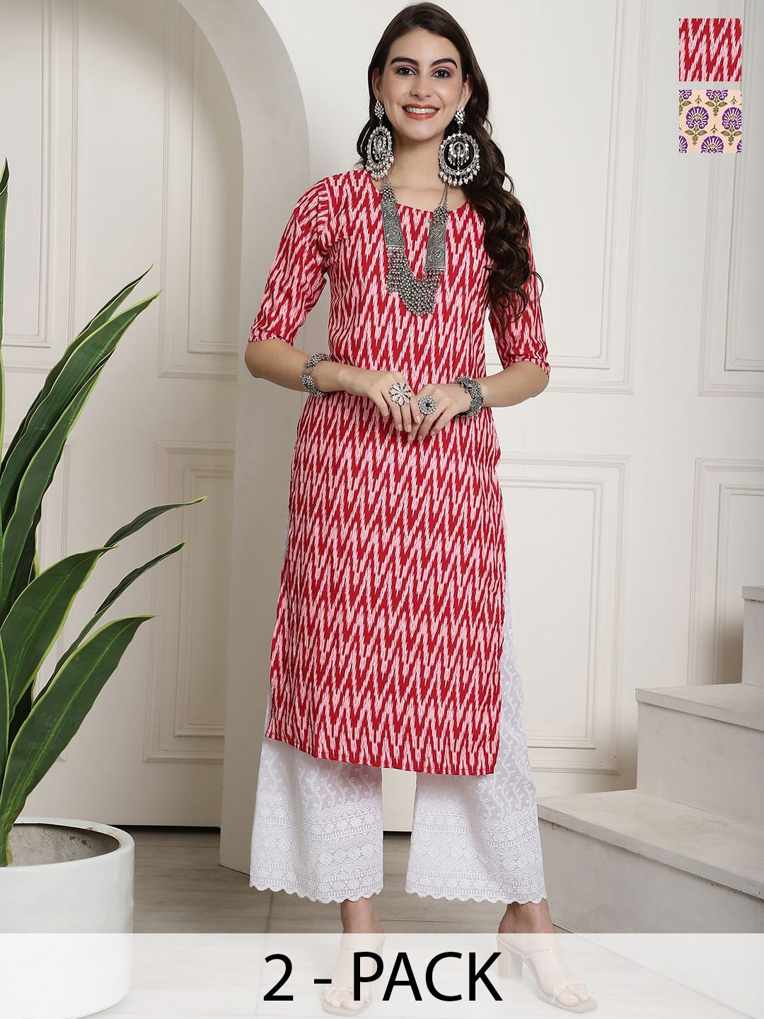 

7Threads Selection Of 2 Chevron Printed Straight Kurta, Red