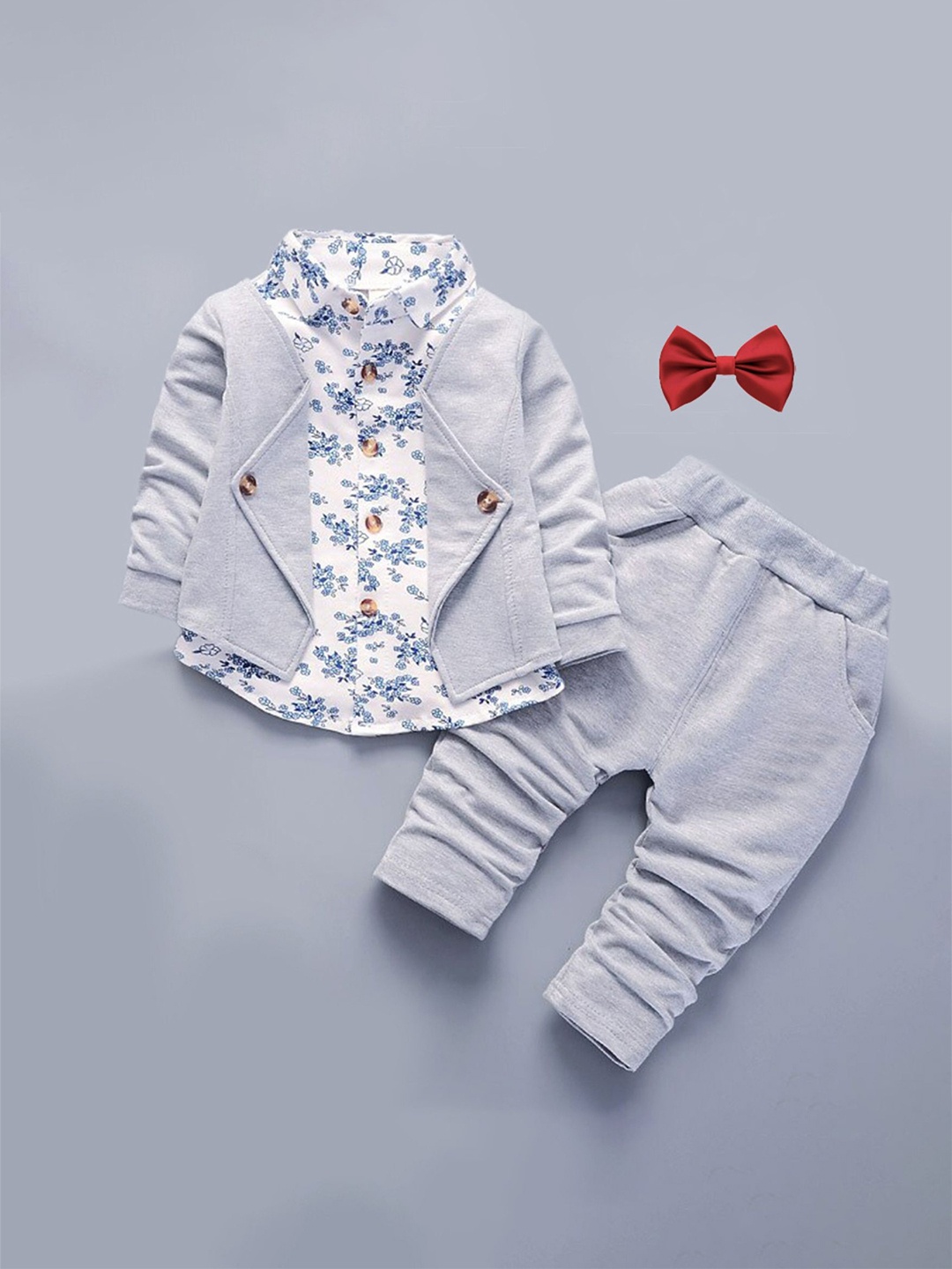 

Porpy Unisex Kids Shirt with Trousers with Red Bow, Grey