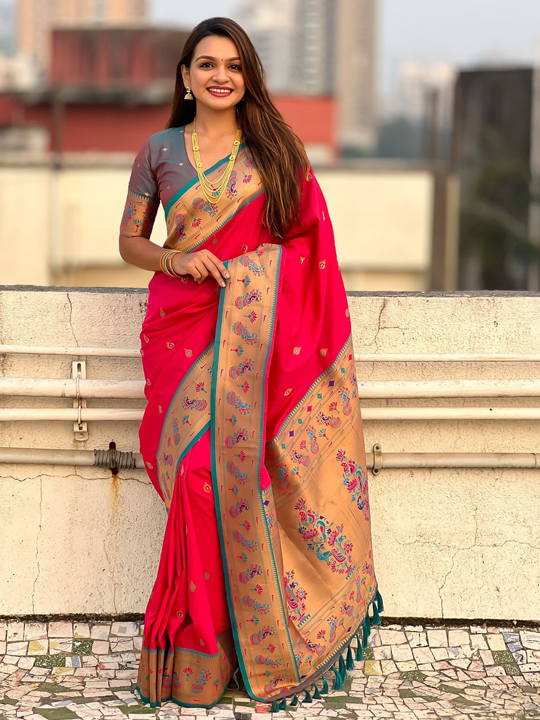 

Mitera Ethnic Motifs Woven Design Zari Designer Paithani Saree, Pink
